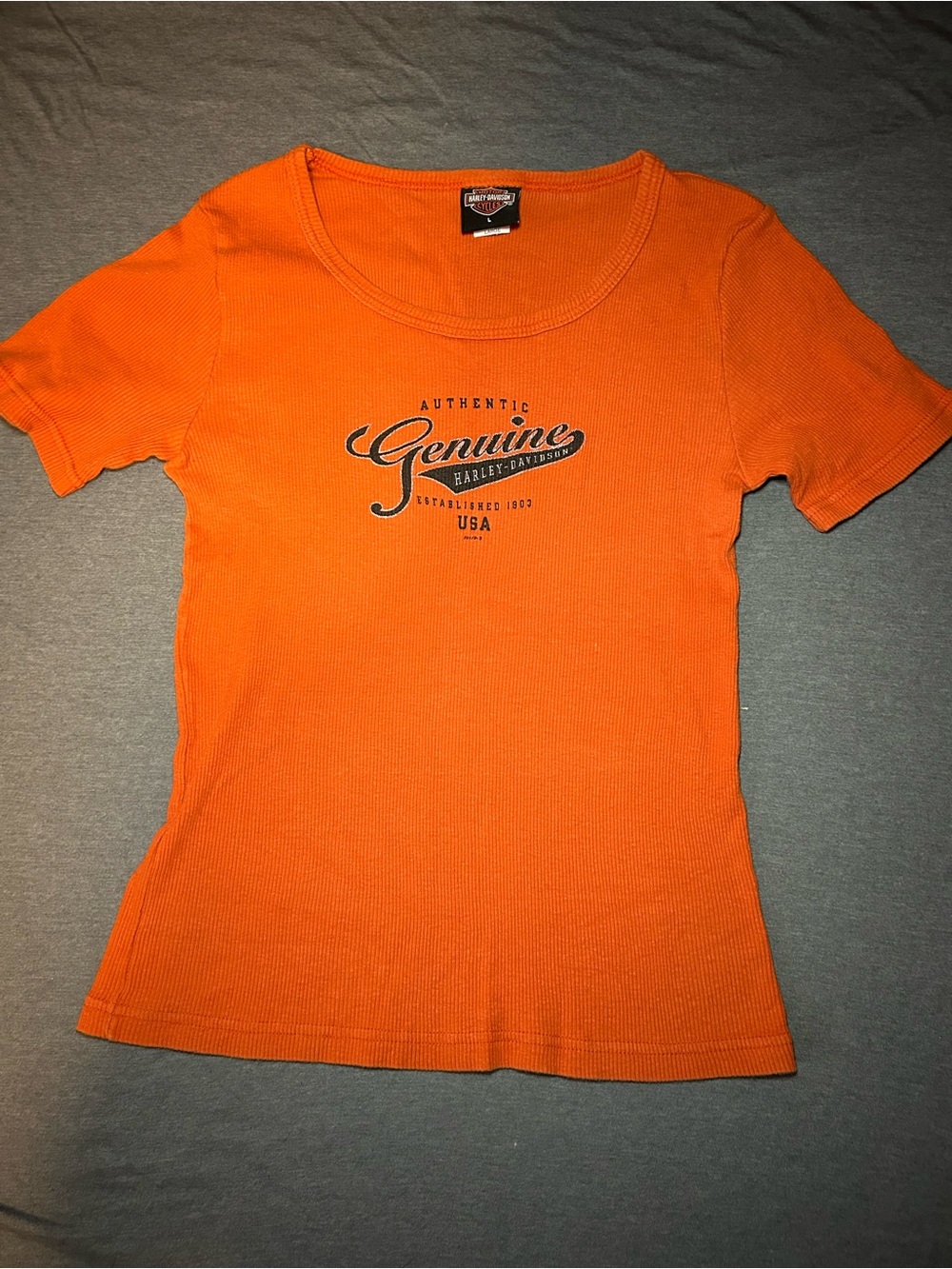 Harley-Davidson Y2K Women’s Orange Short-Sleeve 'Genuine' Waffle Logo Tee